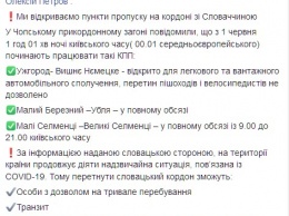 Украина с 1 июня открывает пункты пропуска на границе со Словакией. Список