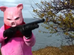 Поросенок "в законе": Одесский зоопарк снял новогодний шансон-клип, где вооруженная свинья преследует собаку