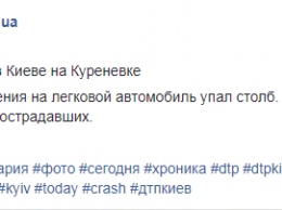 В Киеве столб рухнул на легковушку и перегородил дорогу