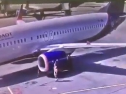 Работник аэропорта забросил сигнальный конус на самолет