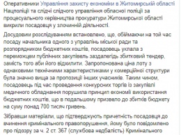 Заммэра Житомира вручили подозрение из-за 700-тысячных убытков в бюджете