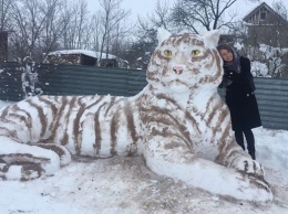 Жительница Одесской области слепила из снега огромного тигра