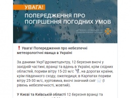 Украинцев предупредили о штормовом ветре почти во всех регионах и мощном снегопаде в Карпатах
