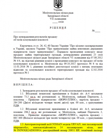 В Запорожской области по решению сессии микроавтобус NISSAN продают всего за 1400 гривен (документ)