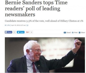 Любимец публики: кандидат в президенты Сандерс возглавил читательский рейтинг журнала Time