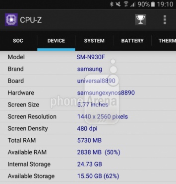 В CPU-Z были опубликованы характеристики Samsung Galaxy Note 6