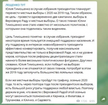 Тимошенко в случае президентства проведет местные выборы уже в этом году - Лещенко