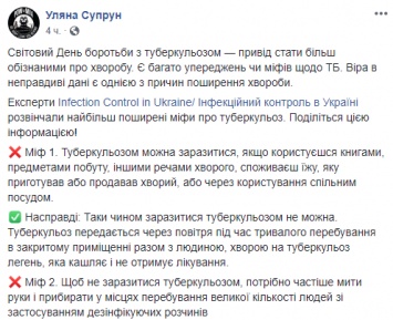 Супрун вспомнила 10 мифов о туберкулезе, которые только способствуют распространению страшной болезни