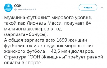 В ООН возмутились, что доходы Месси в 2 раза превышают суммарную зарплату лучших 1700 футболисток мира