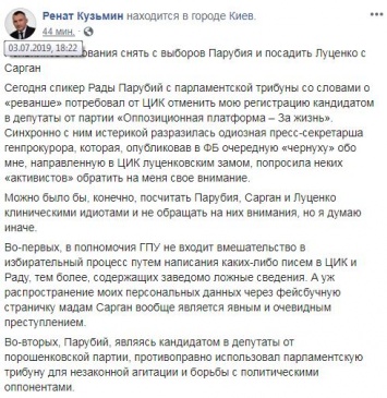 Кузьмин заявил, что появились основания снять с выборов Парубия и посадить Луценко