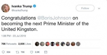 Иванка Трамп в поздравлении Джонсону назвала его пьемьером Объединенного Кингстона
