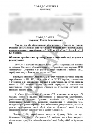 "Страна" публикует полный текст "пидозры" радикалу Стерненко, который убил человека в Одессе. Ход делу боится давать прокуратура