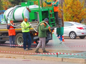 Запорожские коммунальщики обрабатывают газоны зеленой смесью - для чего это делают