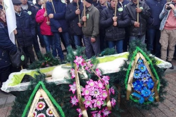 Участники протеста против рынка земли принесли под Раду свинью в гробе