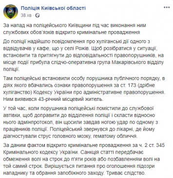 Под Киевом хулиган избил полицейского ногами до сотрясения мозга