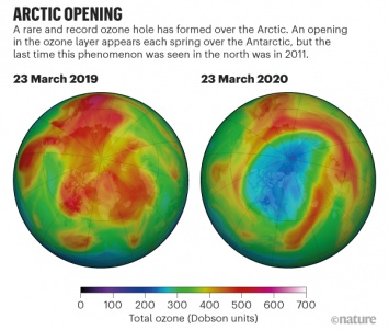 Над Арктикой открылась редкая озоновая дыра огромных размеров