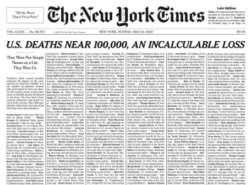 New York Times отвела первую полосу пофамильному списку жертв коронавируса в США