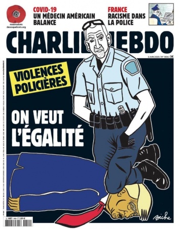 Свежая обложка Charlie Hebdo. Полицейский Дерек Шовин коленом душит Дональда Трампа. Фото