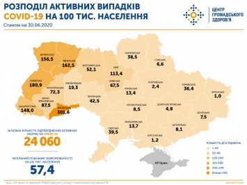 Появилась карта активных случаев коронавируса на 100 тысяч населения по областям Украины