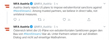Австрия выступила против планов США наложить санкции на "Северный поток 2"