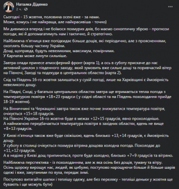 Синоптик предупредила украинцев о похолодании и дождливых днях. Карта погоды