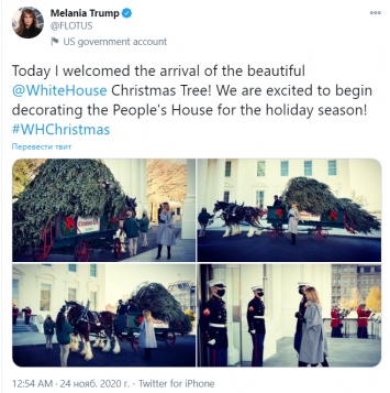 Мелания Трамп на пороге Белого дома встретила рождественскую ель. Фото