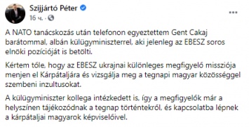 Глава МИД Венгрии Сийярто пригласил наблюдателей ОБСЕ расследовать инцидент с венграми Закарпатья