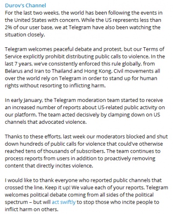 Дуров рассказал, как модераторы Telegram заблокировали сотни публичных призывов к насилию в США
