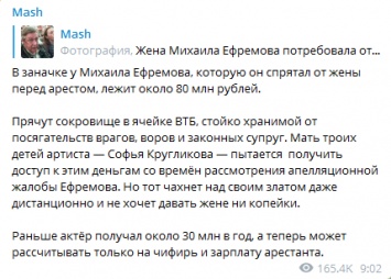 Ефремов перед арестом спрятал от жены 80 миллионов рублей