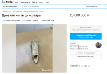 Житель Симферополя продает «кость динозавра» за 20 млн рублей